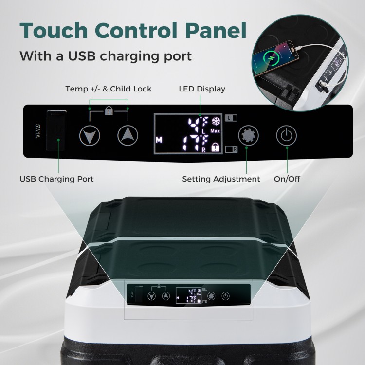 Touch control panel of the Dual Zone 12V 42QT car refrigerator with USB charging port and LED display for easy.